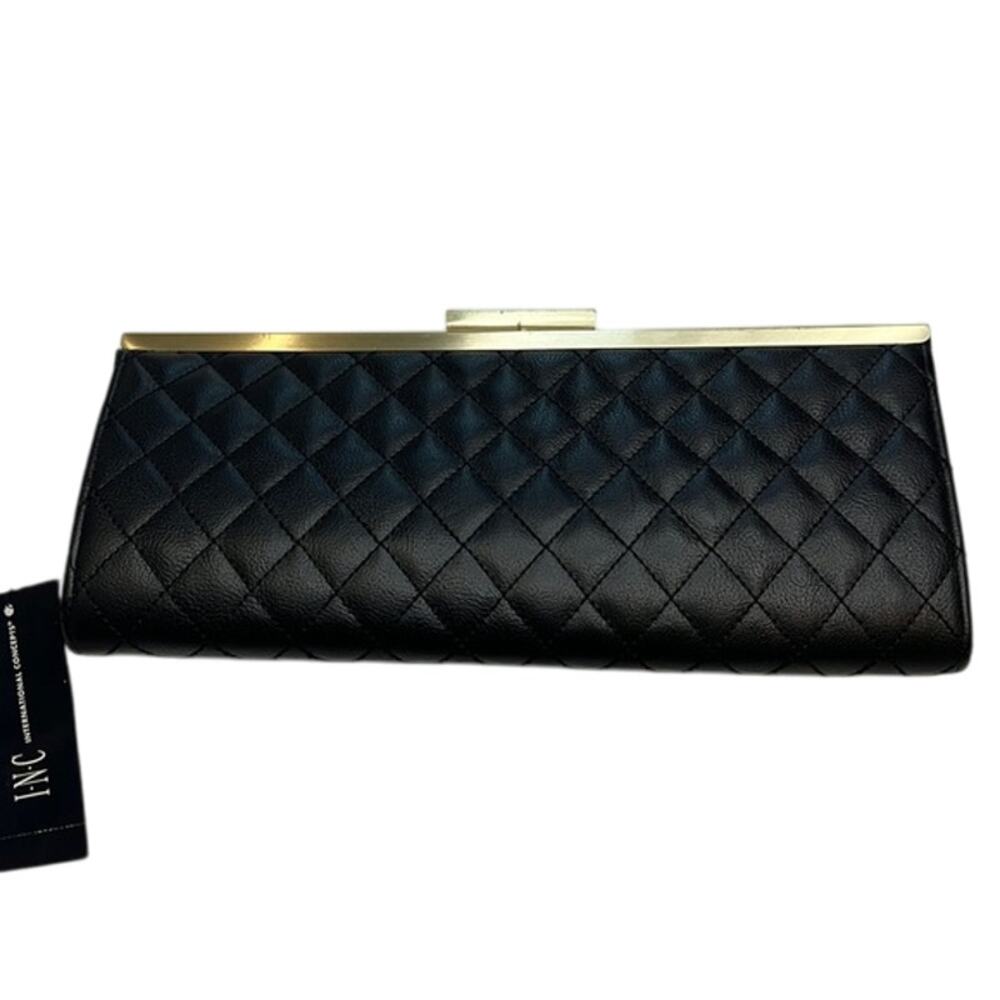 INC International Concepts Black Quilted Leather Clutch w/ Gold Hardware, NWT